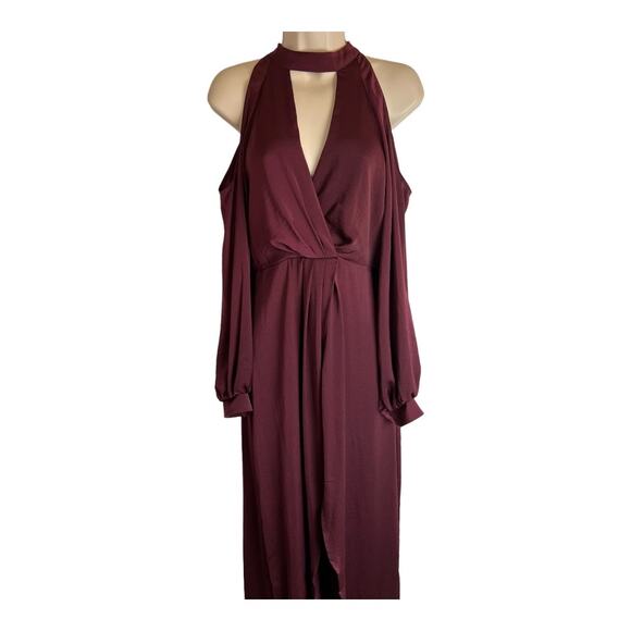 Lush NWOT Burgundy Satin Jumpsuit Cold Shoulder S Small Shorts Overskirt - Picture 3 of 9
